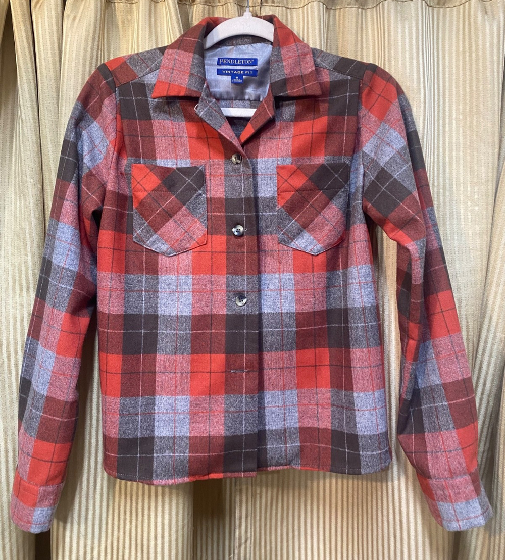 Pendleton Plaid Wool Tuckeroo Button Down Womens Small Gray Brown Red
